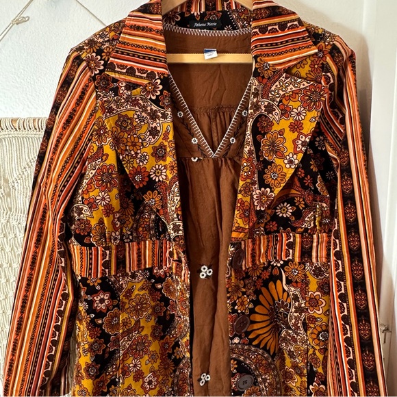 70s Boho Vintage Floral Flower Power Patchwork Trench Coat in Brown & Mustard XL - Picture 10 of 14